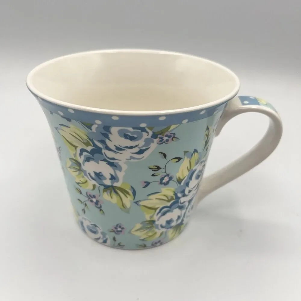 Pier 1 Imports Blue Floral Polka Dot Rim Coffee/Tea Cup Mug